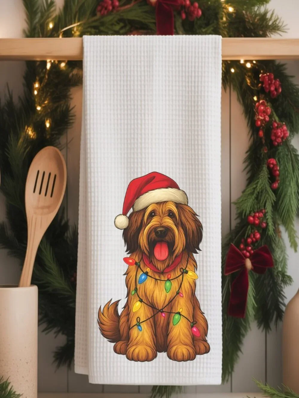 Briard Christmas Lights Decorative Kitchen Tea Towel